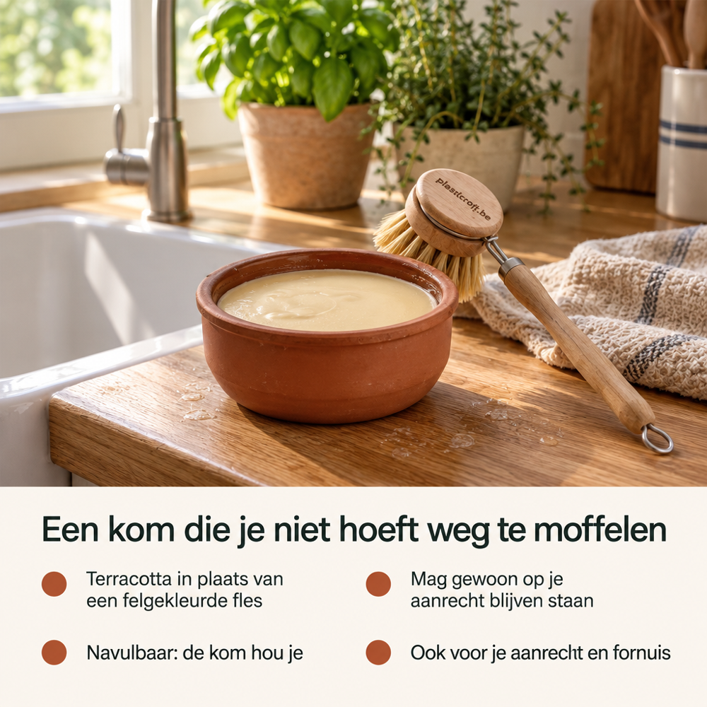 Terracotta kom met Boavista Circular afwaszeep op een houten keukenaanrecht