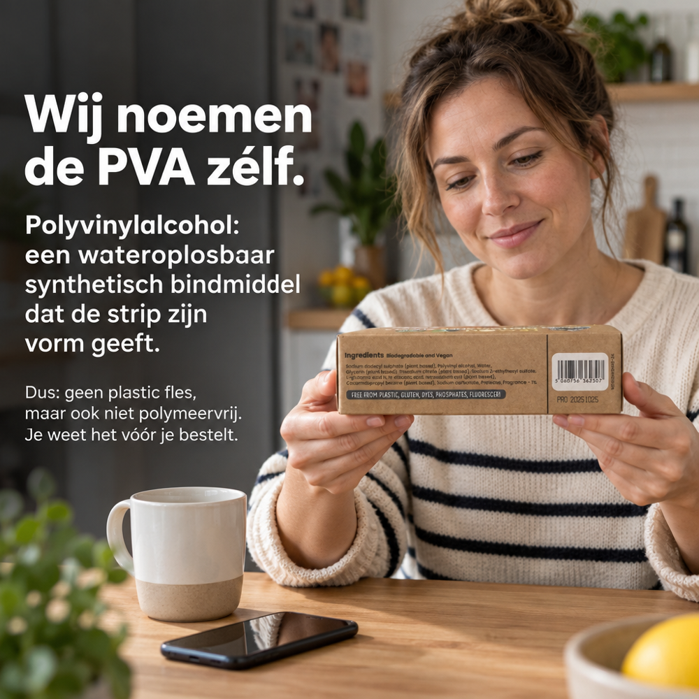Eco Green Living Vaatwasstrips met transparante uitleg over polyvinylalcohol in de formule