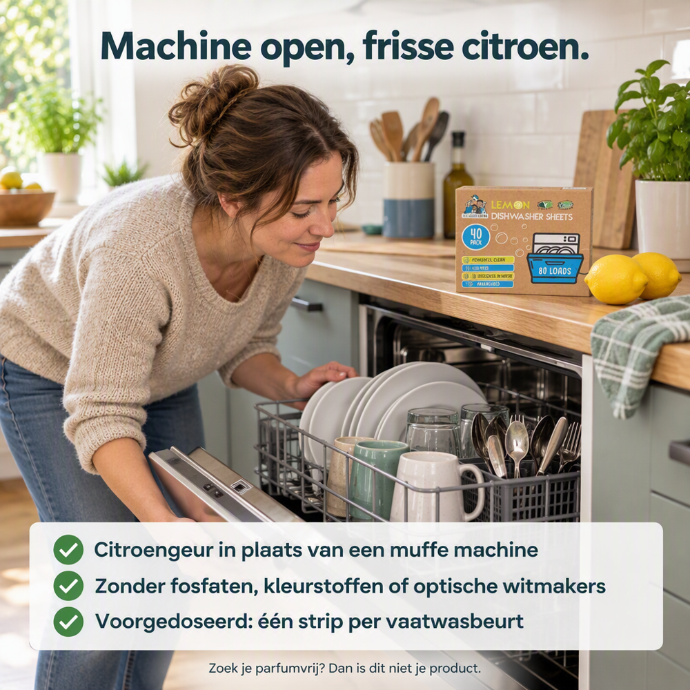 Vaatwasser gevuld met Eco Green Living Vaatwasstrips met citroengeur op het aanrecht