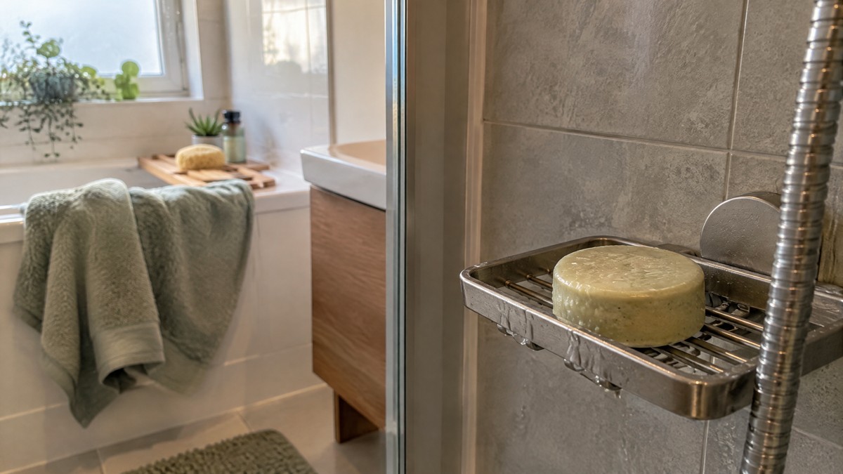 A candid phone photo in a lived-in home bathroom shows a damp solid shampoo bar drying on a draining soap dish beside th