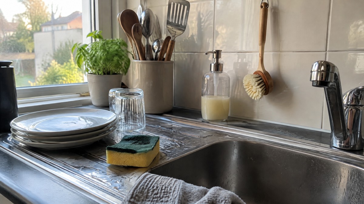 A candid phone photo in soft daylight of a wooden dish brush hanging beside a kitchen sink, a damp sponge on the drainin