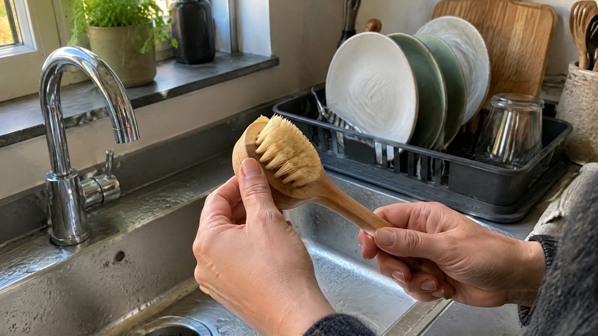 A candid phone photo of hands checking the bristles of a wooden dish brush beside an everyday kitchen sink, with a few w
