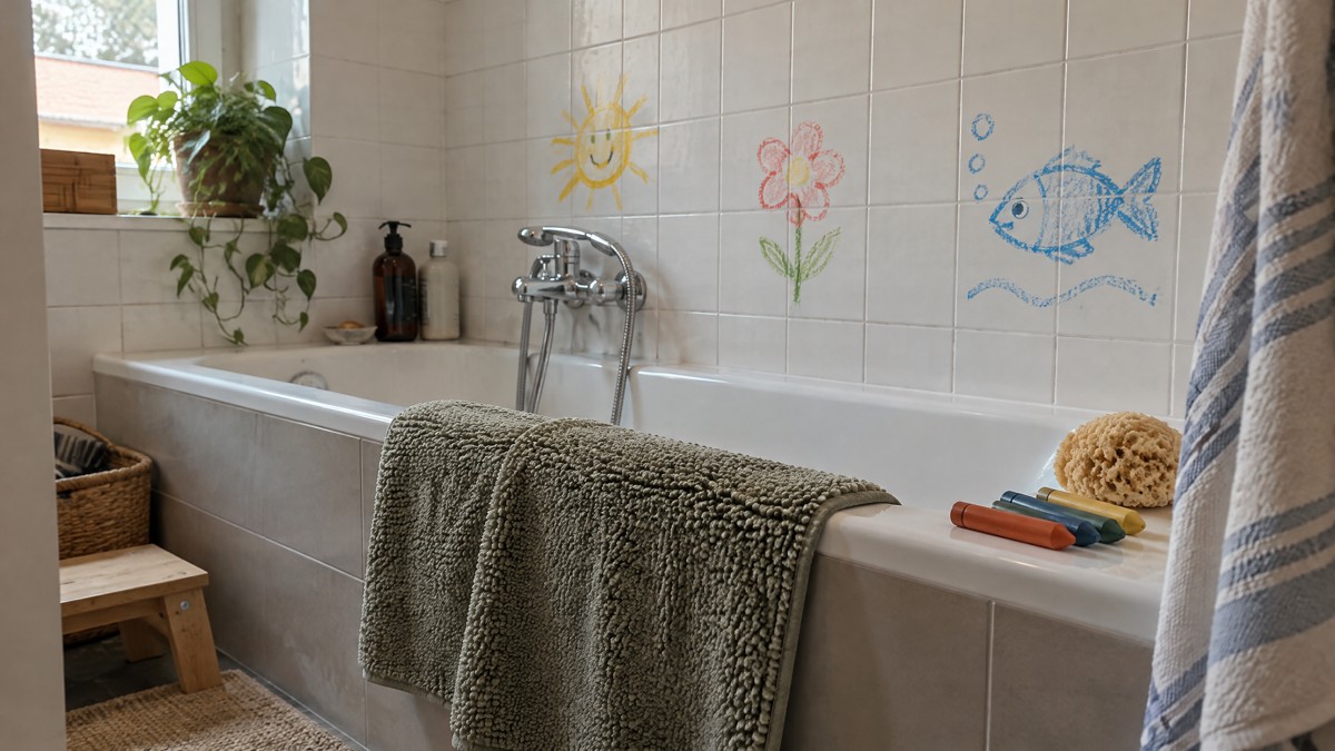 A candid phone photo of an empty family bathroom: a few colourful children's drawings (a sun, a flower, a fish) on white