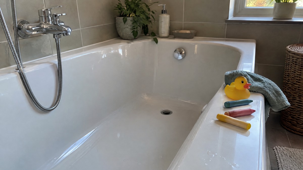 A candid phone photo of an empty bathtub in an ordinary home bathroom, with a simple rubber bath toy and several beeswax