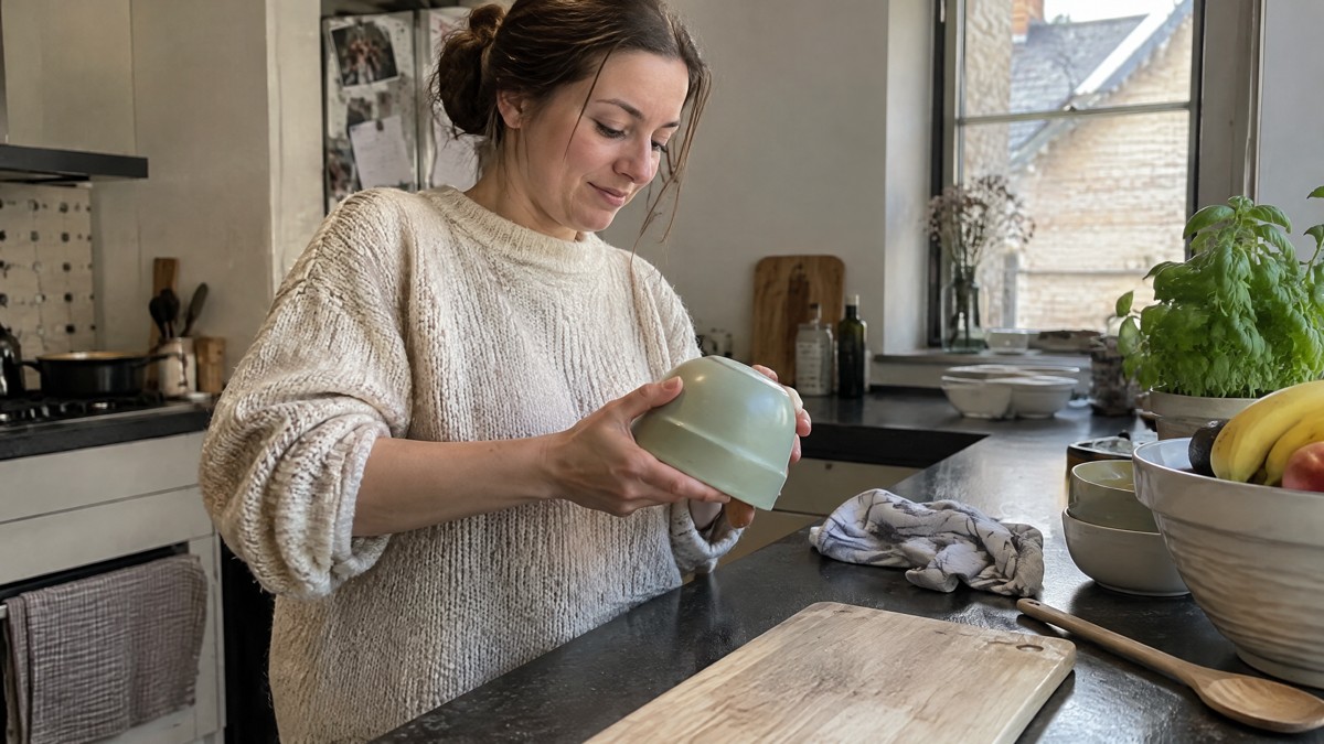 A candid phone photo in a lived-in Flemish kitchen shows an adult turning over a small matte sage-green bamboo-fibre bow