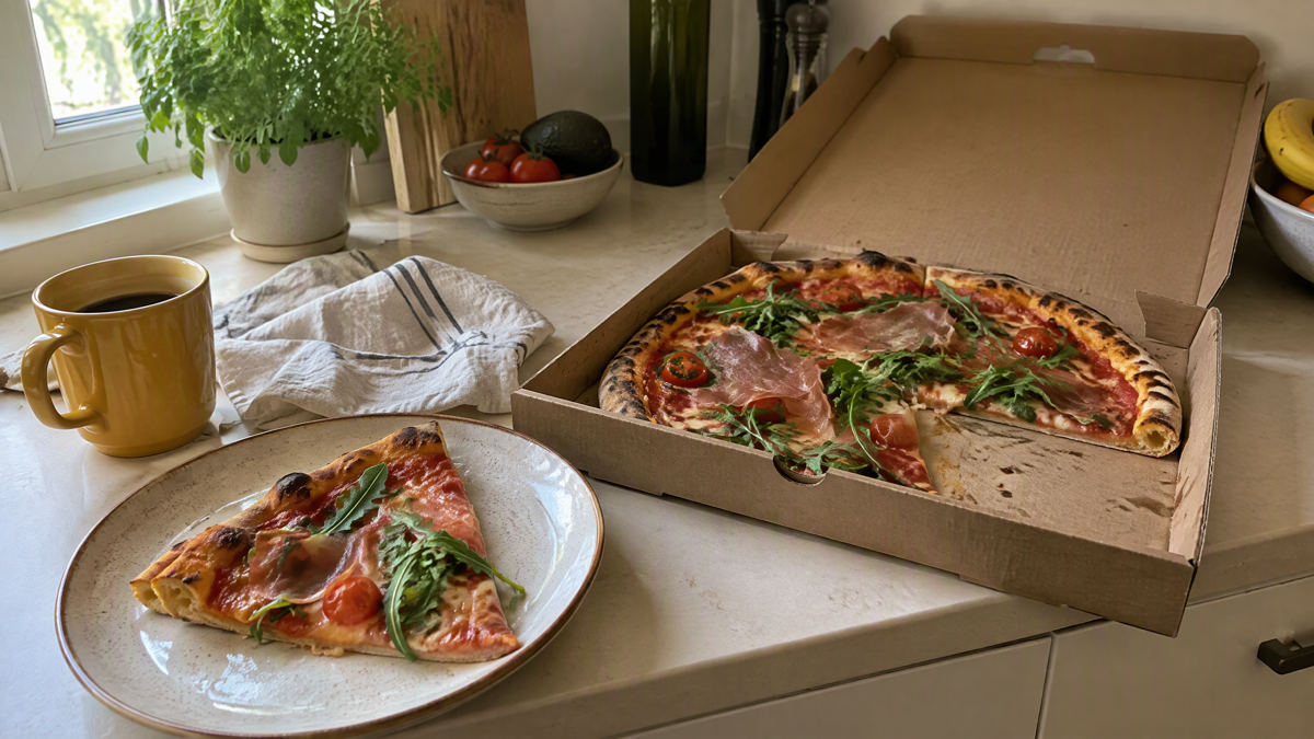 A cardboard pizza box open on a warm cream kitchen counter with a slice already moved onto a ceramic plate, soft morning