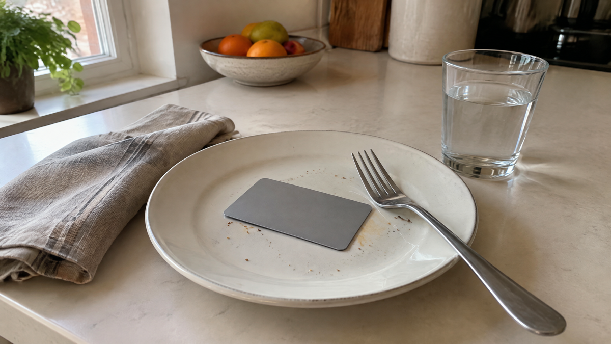 A plain grey bank-card-sized plastic rectangle lying on a ceramic dinner plate next to a fork on a cream kitchen counter