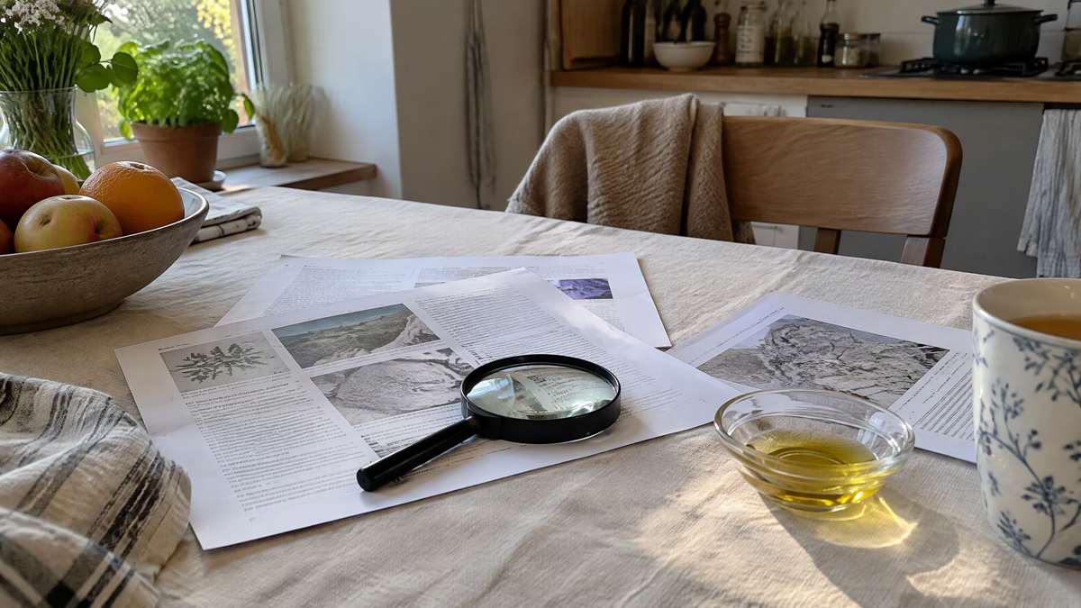 A cream linen kitchen table in soft natural daylight with a few printed research pages, a magnifying glass resting on on