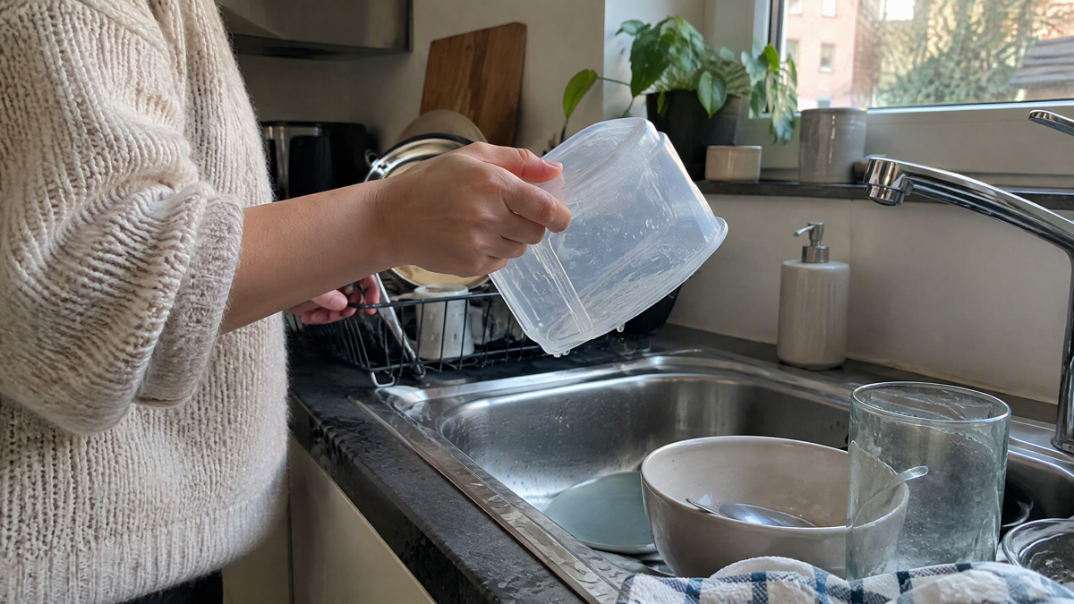 A candid phone photo in natural daylight of someone turning an empty plastic food tub upside down beside a kitchen sink,