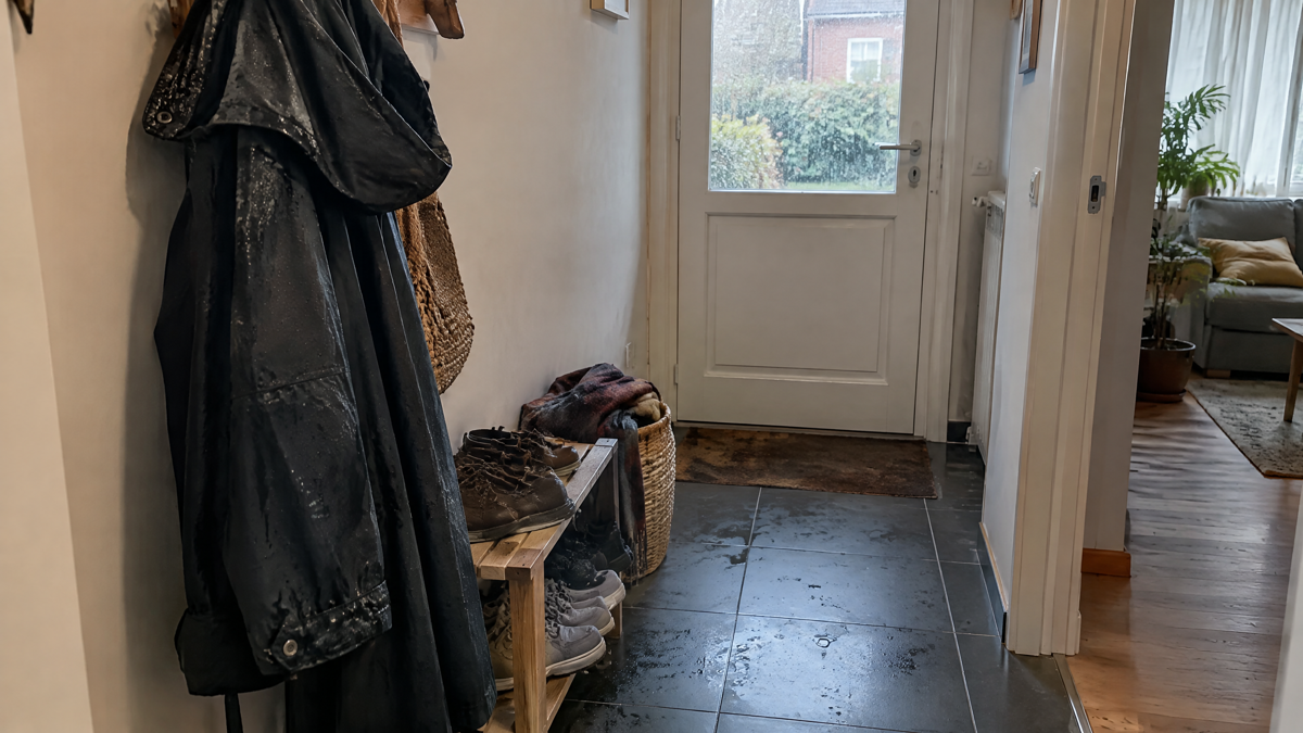 A candid phone photo of a damp dark raincoat hanging from a wooden hook beside everyday shoes in a modest Belgian hallwa