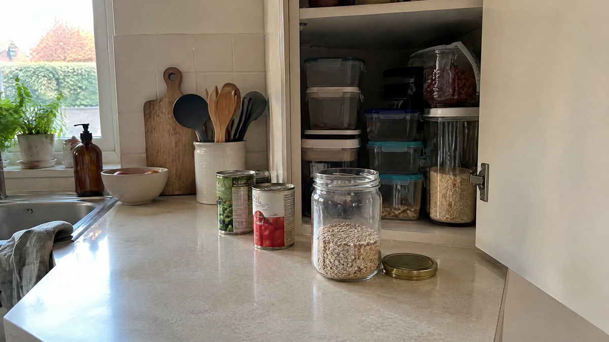BPA-verbod EU: waarom het nog tot 2028 in de winkel ligt A warm cream kitchen counter in natural morning daylight with an open cupboard showing a stack of plastic storage boxes,