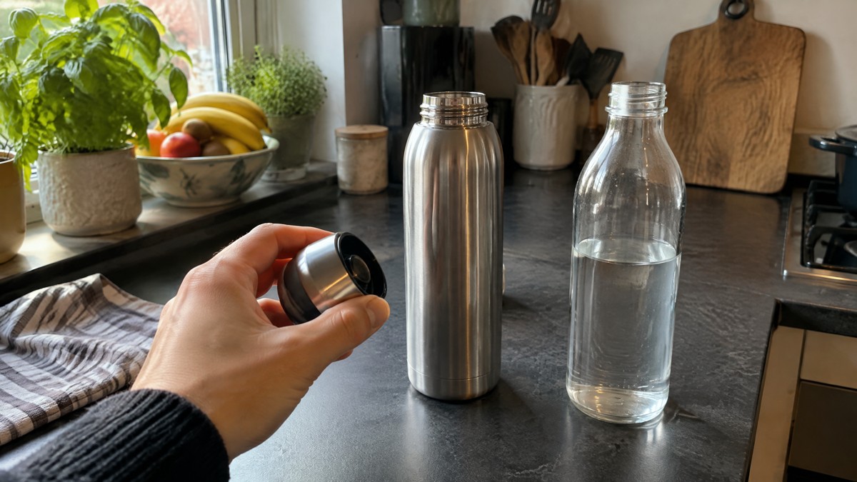 A candid phone photo in a lived-in kitchen shows a hand turning over a bottle cap beside an open stainless steel bottle