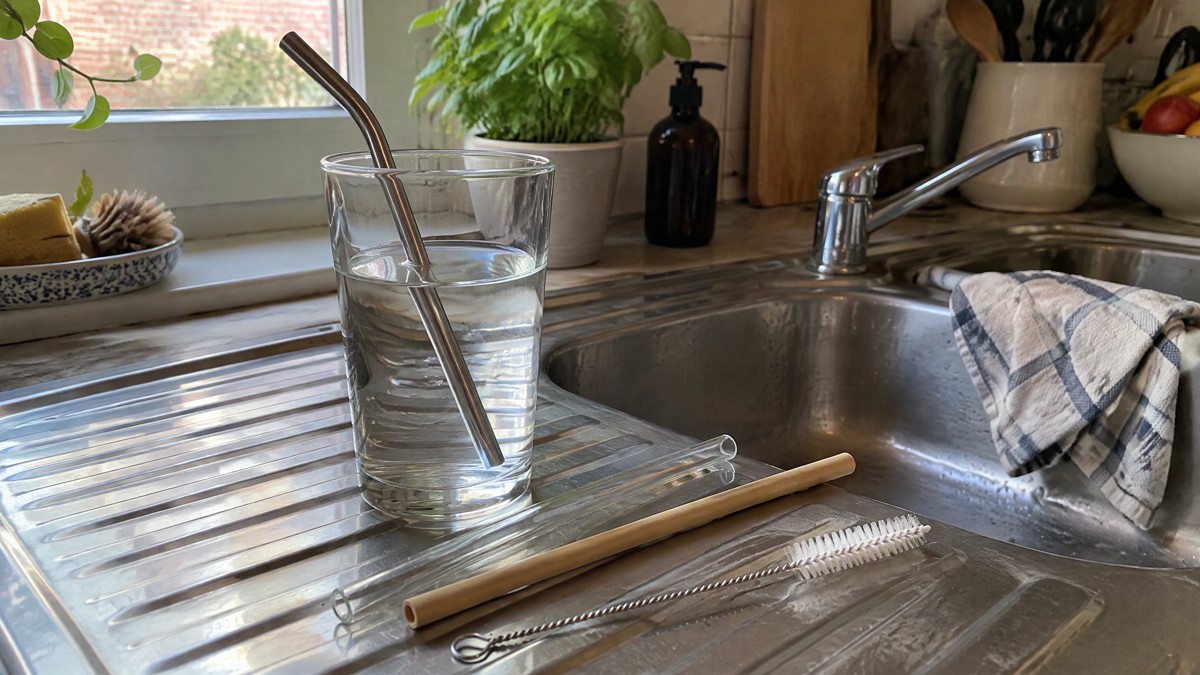 A candid phone photo in natural window light shows a stainless steel straw in a drinking glass beside a clear glass stra