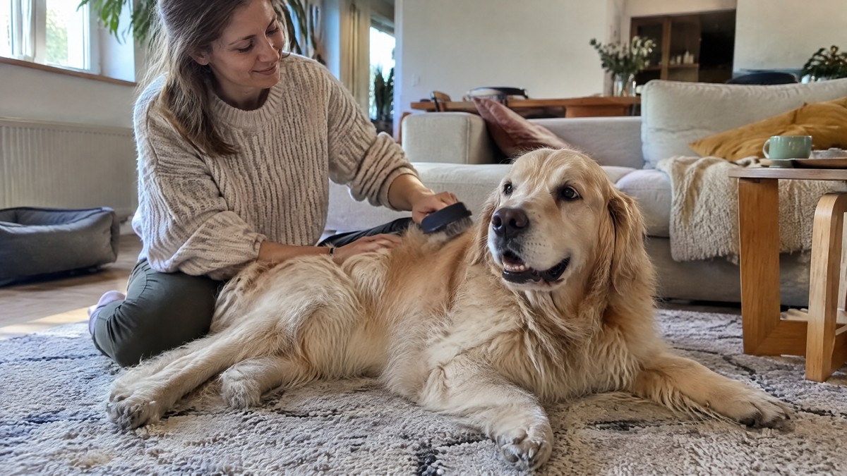 A candid phone photo in soft window light of a relaxed fluffy dog on a living room rug while a person sitting beside it