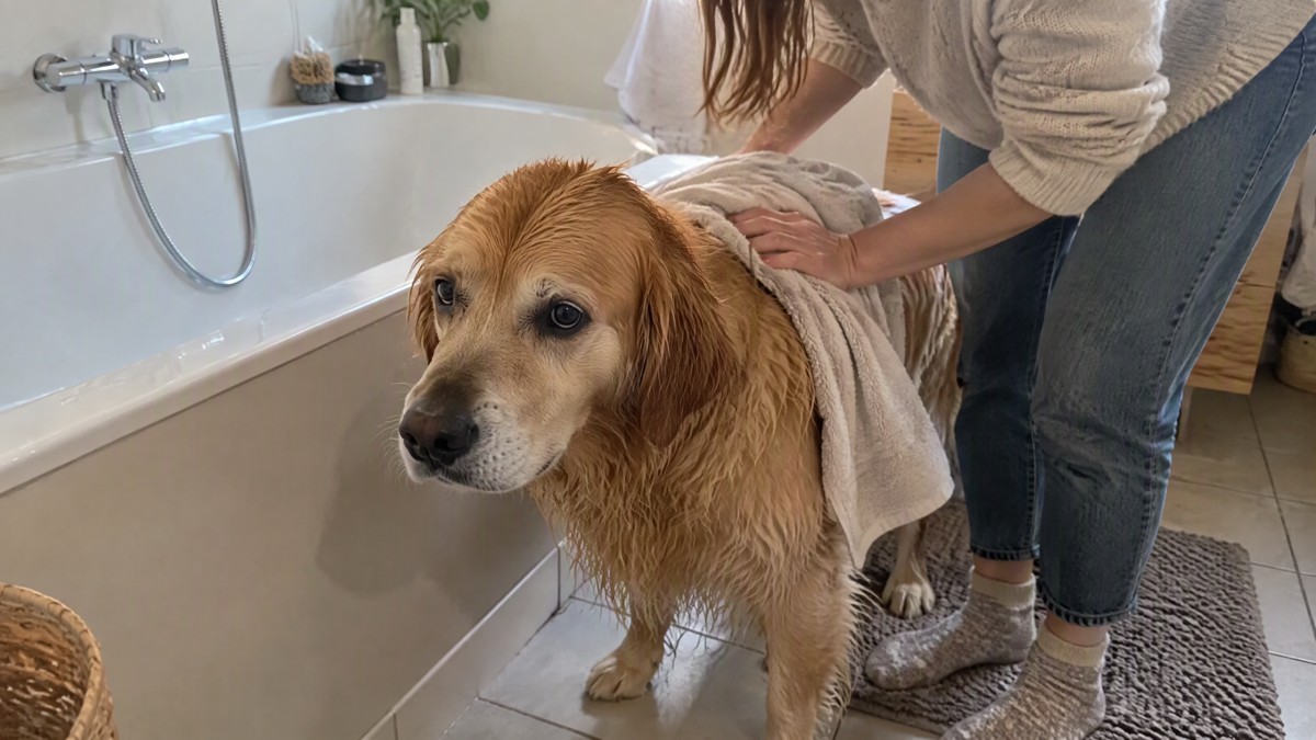 A candid phone photo in a modest home bathroom shows a damp dog standing beside a bathtub while someone gently dries its