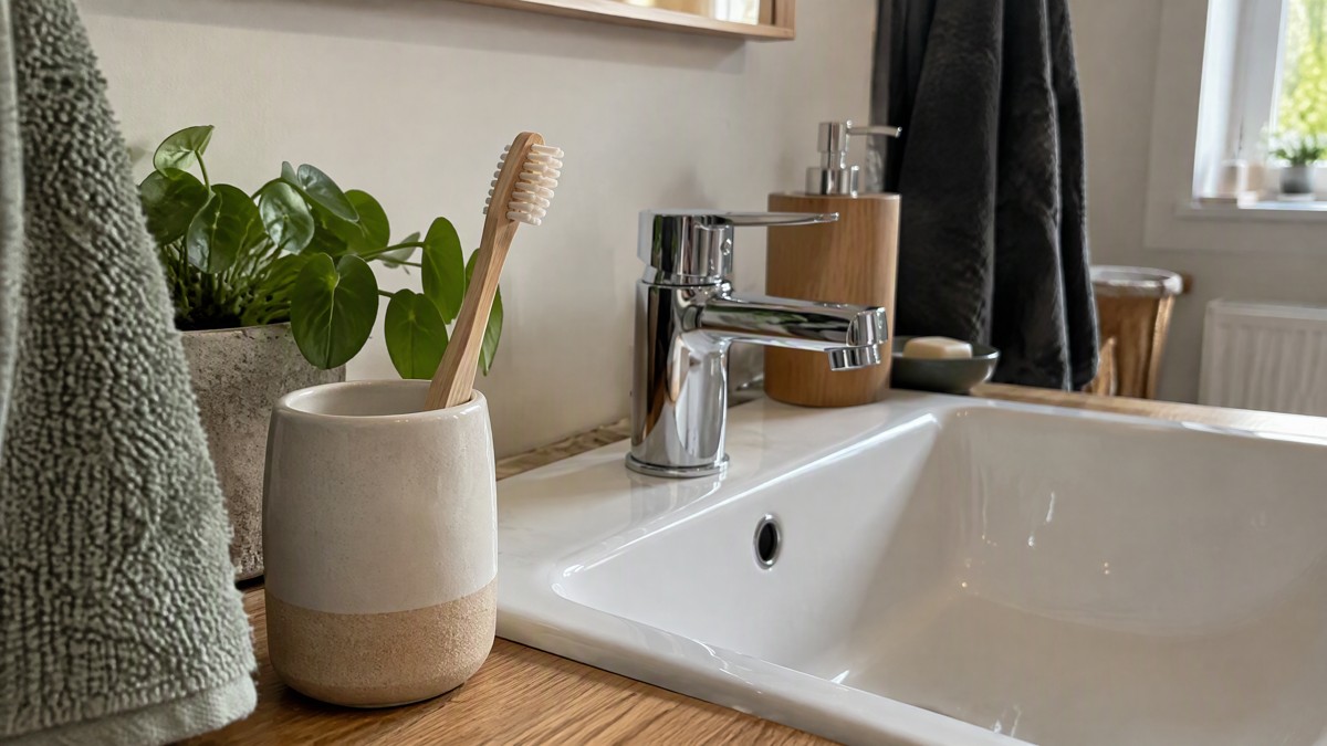 A candid phone photo of a wooden toothbrush standing in an open ceramic holder beside a bathroom sink, with its bristles