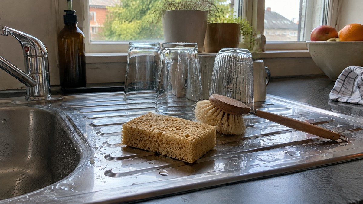 A candid phone photo of a damp beige cellulose sponge drying beside a wooden dish brush on the draining board of an ordi