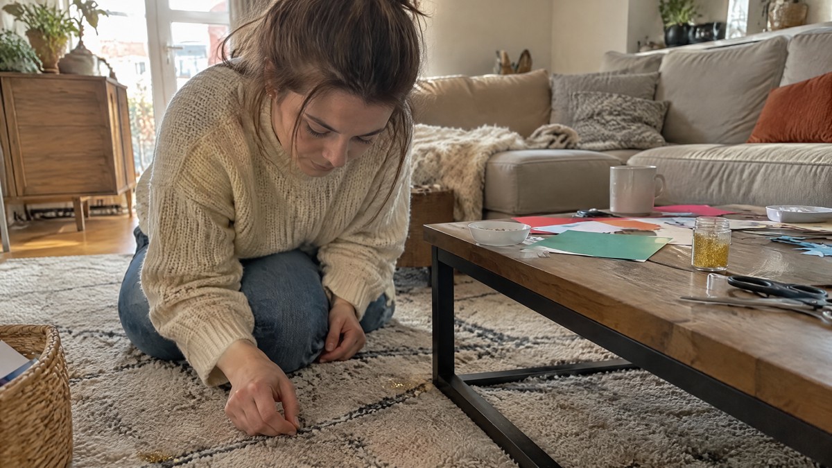 A candid phone photo in natural window light of a hand picking a tiny glitter fleck from a living room rug beside a coff