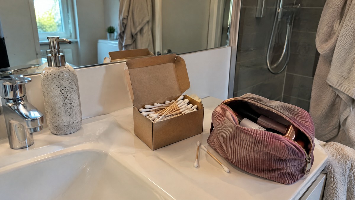 A candid phone photo in natural window light of an open unlabelled cardboard box of bamboo cotton buds beside a bathroom