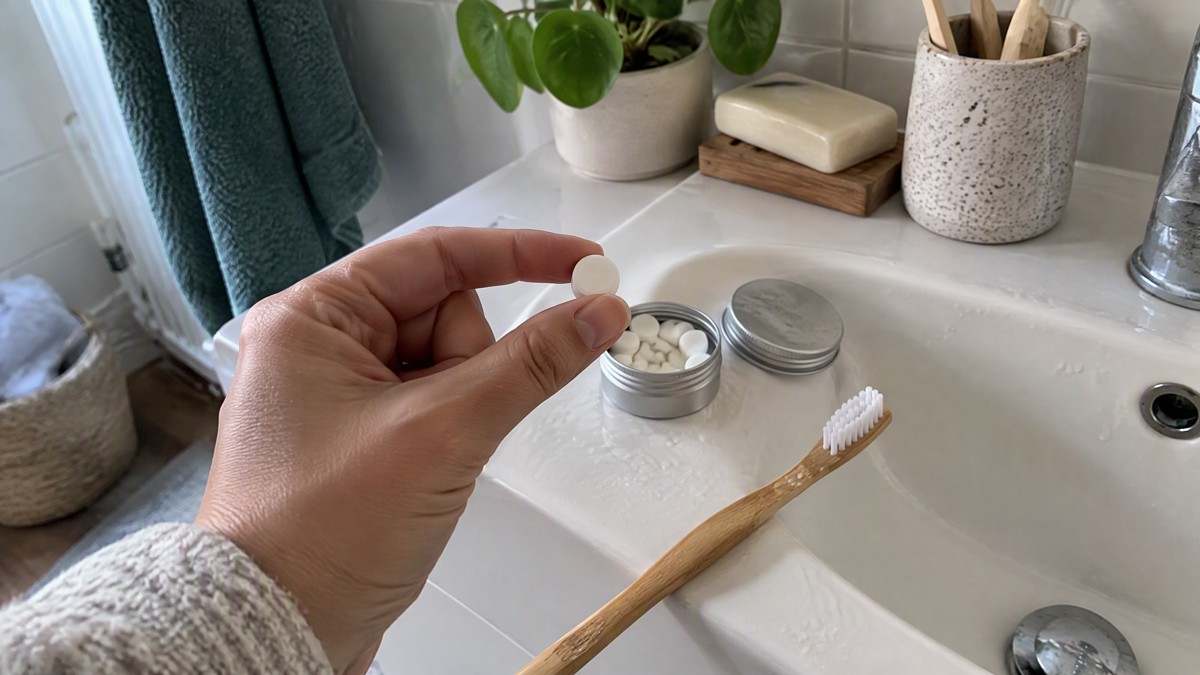 Tandpastatabletten gebruiken: kauwen, poetsen, uitspuwen A candid phone photo of a hand holding one small white toothpaste tablet beside a damp toothbrush and an open unlabelled