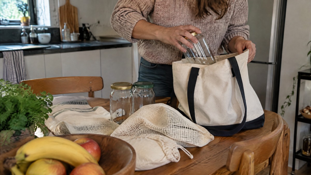 A candid phone photo in natural daylight of someone packing empty glass jars and reusable cloth bags into a shopping tot