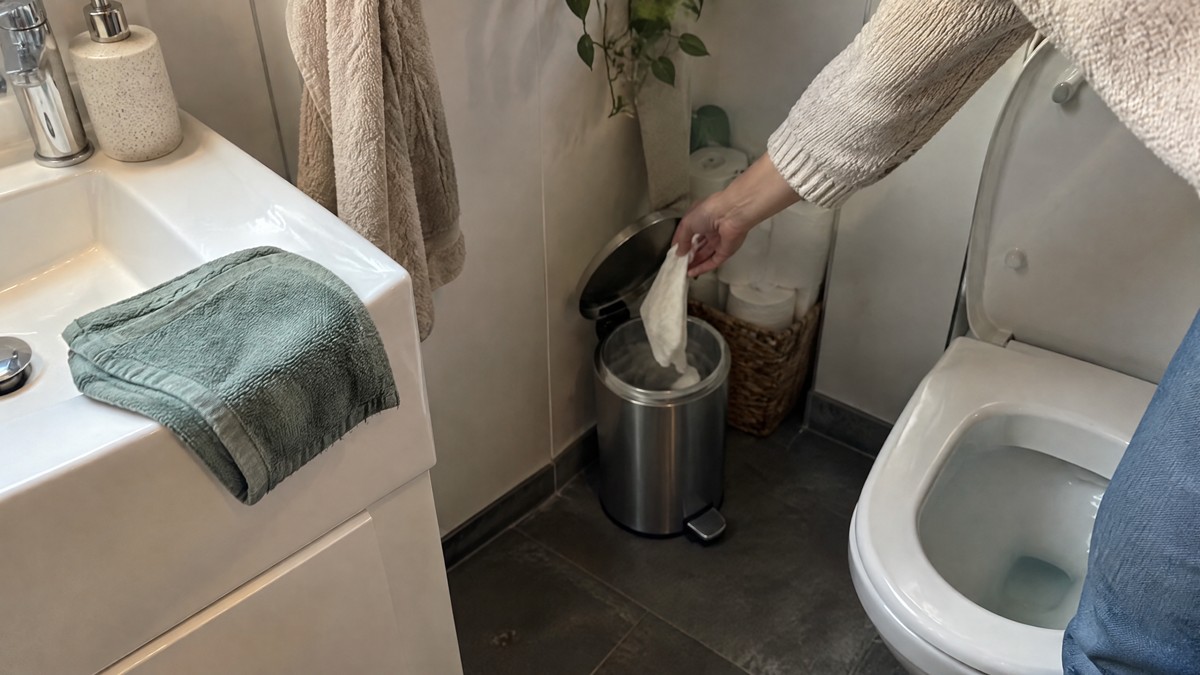 A candid phone photo in soft daylight of a hand dropping a used wet wipe into a small bathroom bin beside a toilet, with