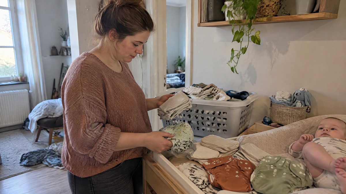 A candid phone photo in soft daylight of a parent sorting a few cloth nappies and washable inserts beside a laundry bask