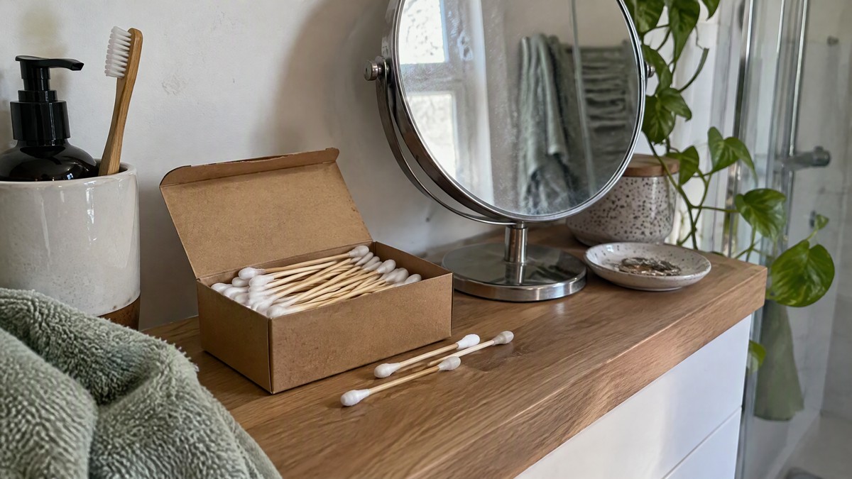 A candid phone photo of a few bamboo cotton buds with cotton tips beside an open cardboard box and a slightly smudged ma