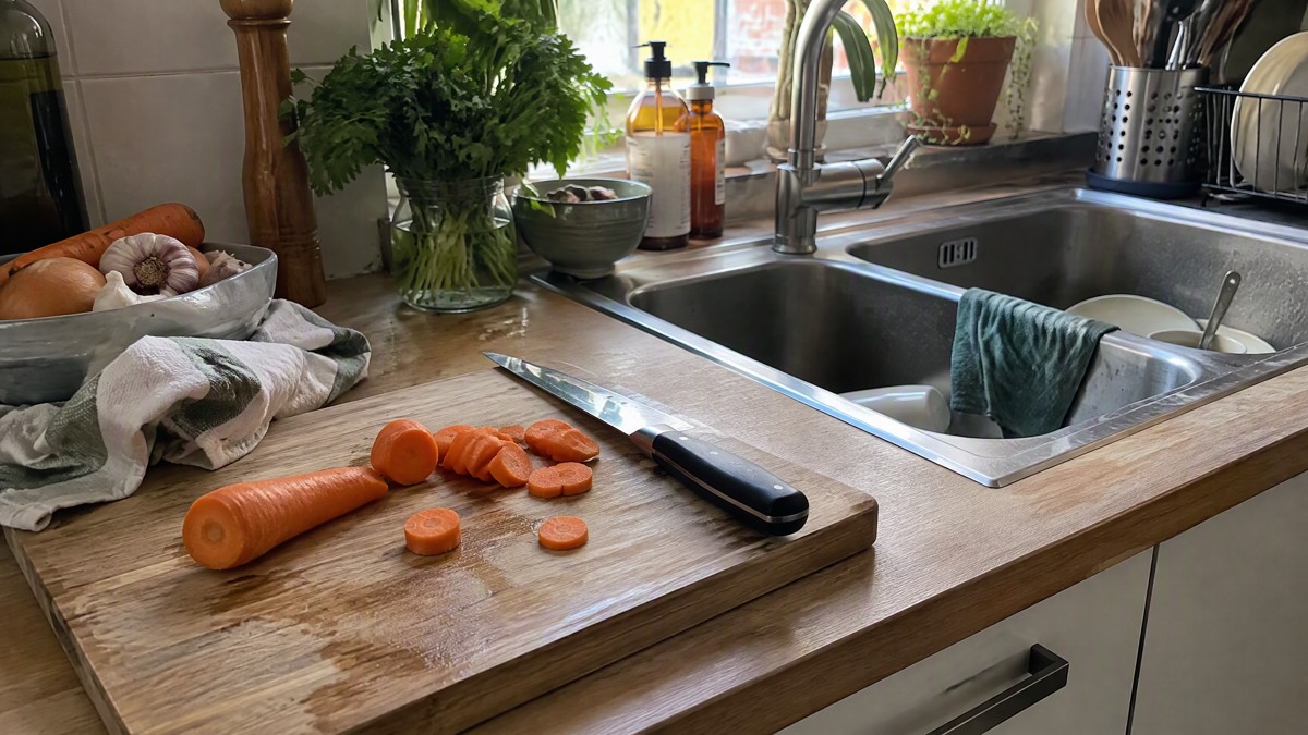 Welk hout voor een snijplank? Kies hard hout met een fijne nerf A candid phone photo in a lived-in home kitchen shows a wooden cutting board with a few carrot slices and a kitchen knif