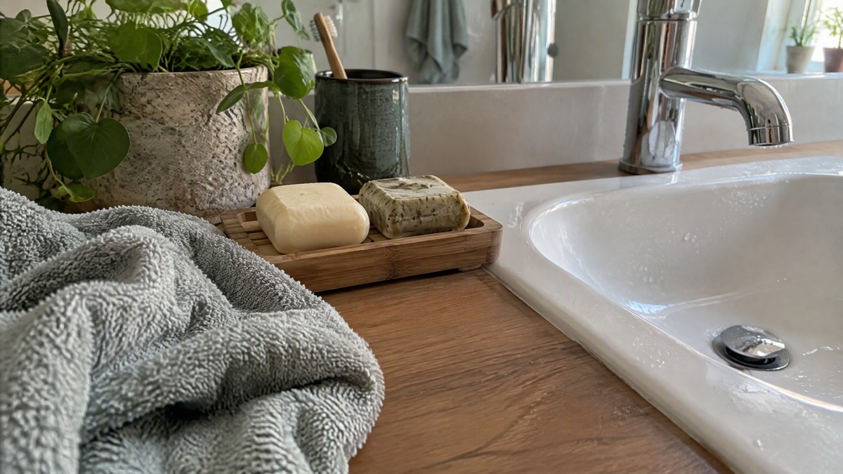 A candid phone photo of two unwrapped cleansing bars on a wooden soap holder beside a slightly wet bathroom sink, with a