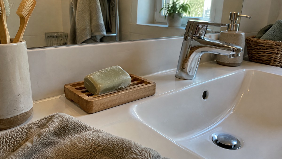 A candid phone photo of a slightly used soap bar on a slotted wooden soap dish beside an everyday bathroom sink, with a